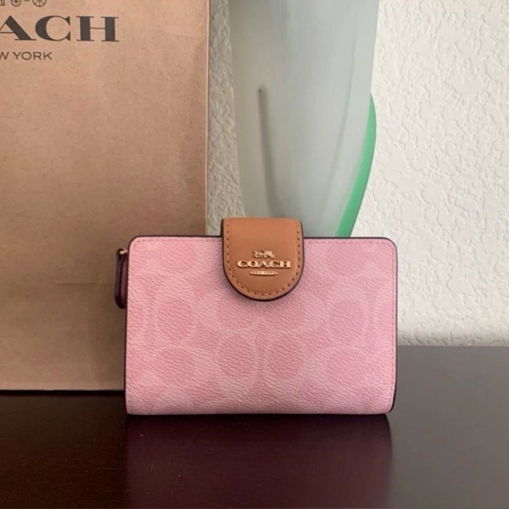 Coach Powder Pink Medium Corner Zip Wallet In Signature Canvas